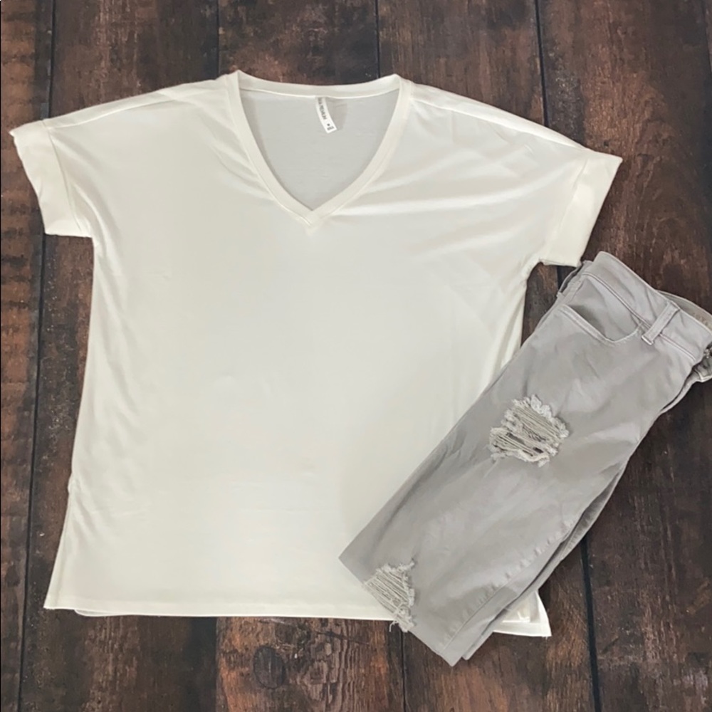 White V-Neck Rolled Sleeve